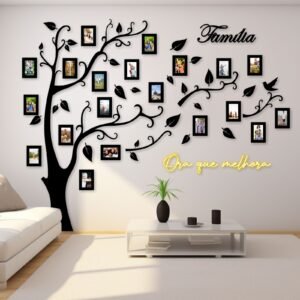 Árvore da Família Decorativa de Parede em MDF - DOURADO – Com Frase "Ora que Melhora" (Ariely Bonatti) e Porta-Retratos