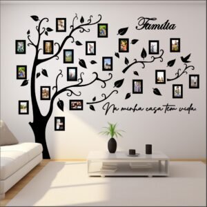 Árvore da Família Decorativa de Parede em MDF- Preto – Com Frase "NA MINHA CASA TEM VIDA" (Ariely Bonatti) e Porta-Retratos