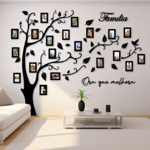 Árvore da Família Decorativa de Parede em MDF – Com Frase "Ora que Melhora" (Ariely Bonatti) e Porta-Retratos